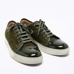 Lanvin Olive Green Suede and Patent Leather Lace Low Top Sneakers Size 41