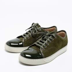 Lanvin Olive Green Suede and Patent Leather Lace Low Top Sneakers Size 41