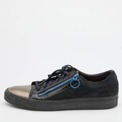 Lanvin Black/Silver Leather and Suede Low Top Sneakers Size 42