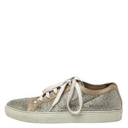 Le Silla Metallic Beige Crystal Embellished Suede Low Top Sneakers Size 41