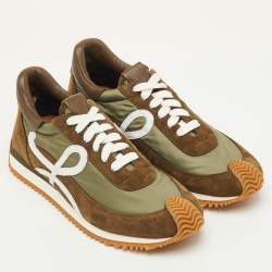 Pre Owned Loewe Flow Runner 2.0 Size 42 Dark Khaki Nylon and Suede Low Top Sneakers