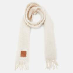 Loewe Ivory Mohair Wool Blend Fringed Scarf 