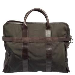 Longchamp Dark Brown/Green Nylon And Leather Weekender Bag