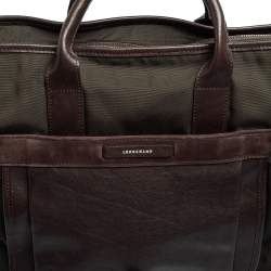 Longchamp Dark Brown/Green Nylon And Leather Weekender Bag