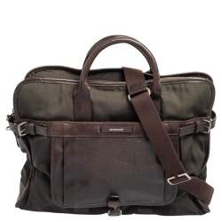 Longchamp Dark Brown/Green Nylon And Leather Weekender Bag