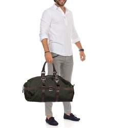 Longchamp Brown/Green Nylon and Leather Duffle Bag