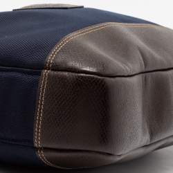 Pre Owned Longchamp Navy Blue/Brown Leather And Canvas Boxford Laptop Bag