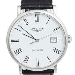 Pre Owned Longines White Stainless Steel Alligator The Elegant Collection L4.910.4.11.2 Men's Wristwatch 39 mm