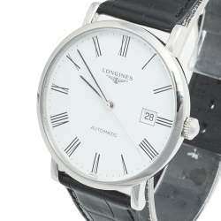Pre Owned Longines White Stainless Steel Alligator The Elegant Collection L4.910.4.11.2 Men's Wristwatch 39 mm
