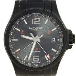 Longines Black PVD Coated Stainless Steel Conquest V.H.P. GMT L3.718.2.56.6 Men's Wristwatch 41 mm