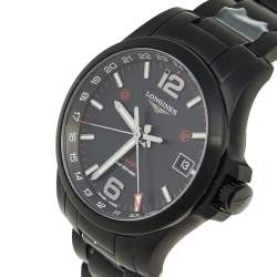 Longines Black PVD Coated Stainless Steel Conquest V.H.P. GMT L3.718.2.56.6 Men's Wristwatch 41 mm