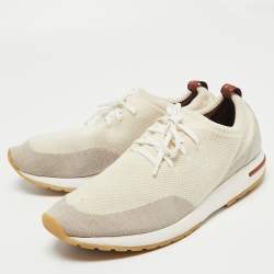 Pre Owned Loro Piana Cream/Grey Knit Fabric And Leather 360 Flexy Walk Low Top Sneakers Size 45 