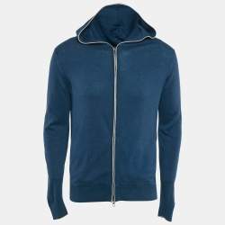 Loro Piana Blue Cashmere and Cotton Knit Hooded Leasure Bomber Jacket M