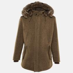Pre Owned Loro Piana Brown Cashmere Fur Trim Storm System Coat L
