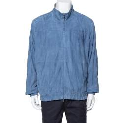 Pre Owned Loro Piana Slate Blue Suede Bomber Jacket 3XL