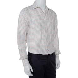Pre Owned Loro Piana White Checkered Linen Button Front Shirt M
