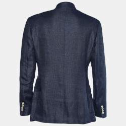 Pre Owned Loro Piana Navy Blue Textured Wool Double Breasted Blazer XXL