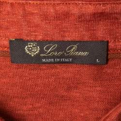 Pre Owned Loro Piana Orange Linen Short Sleeve Polo T-Shirt L