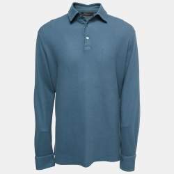 Loro Piana Blue Cotton Knit Full Sleeve Polo T-Shirt XL