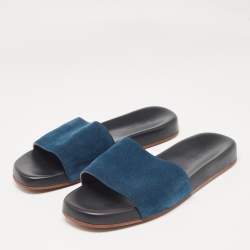 Pre Owned Loro Piana Dark Blue Suede Flat Slides Size 43