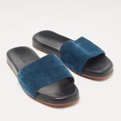 Pre Owned Loro Piana Dark Blue Suede Flat Slides Size 43