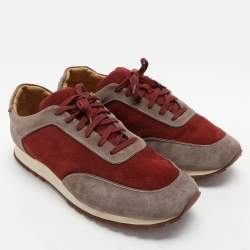 Pre Owned Loro Piana Grey/Burgundy Suede Weekend Walk Low Top Sneakers Size 46