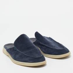 Pre Owned Loro Piana Navy Blue Suede Babouche Walk Mules Size 43.5