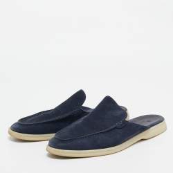 Pre Owned Loro Piana Navy Blue Suede Babouche Walk Mules Size 43.5