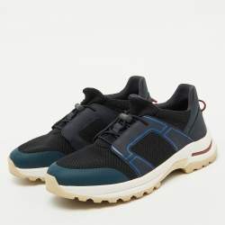 Pre Owned Loro Piana Navy Blue Knit Fabric and Neoprene Modular Walk Low Top Sneakers Size 40.5