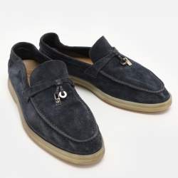 Pre Owned Loro Piana Navy Blue Suede Summer Charms Walk Loafers Size 38