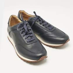 Pre Owned Loro Piana Dark Blue Leather Lace Up Sneakers Size 45.5