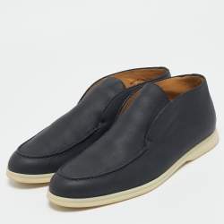 Pre Owned Loro Piana Navy Blue Leather Open Walk Ankle Length Boots Size 44