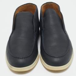 Pre Owned Loro Piana Navy Blue Leather Open Walk Ankle Length Boots Size 44