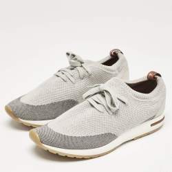 Pre Owned Loro Piana Grey/Cream Knit Fabric and Leather 360 Flexy Walker Slip On Sneakers Size 43
