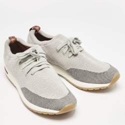 Pre Owned Loro Piana Grey/Cream Knit Fabric and Leather 360 Flexy Walker Slip On Sneakers Size 43