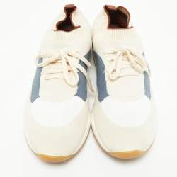 Pre Owned Loro Piana Grey/Cream Knit Fabric and Leather 360 Flexy Walker Slip On Sneakers Size 42