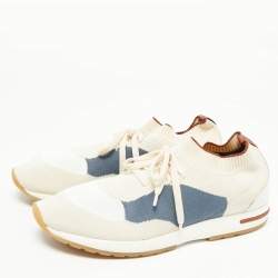Pre Owned Loro Piana Grey/Cream Knit Fabric and Leather 360 Flexy Walker Slip On Sneakers Size 42