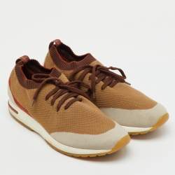 Pre Owned Loro Piana Brown Knit Fabric 360 Flexy Walk Lace Up Sneakers Size 42