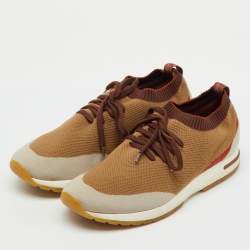 Pre Owned Loro Piana Brown Knit Fabric 360 Flexy Walk Lace Up Sneakers Size 42
