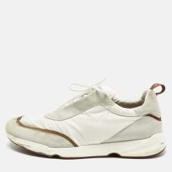 Pre Owned Loro Piana White/Grey Neoprene and Suede Modular Walk Sneakers Size 46