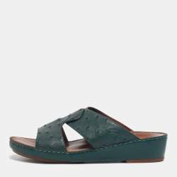 Pre Owned Loro Piana Green Ostrich Leather Slip On Sandals Size 42