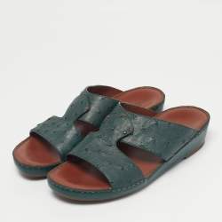 Pre Owned Loro Piana Green Ostrich Leather Slip On Sandals Size 42