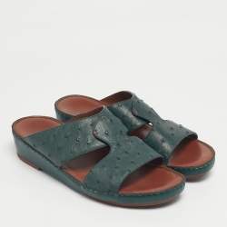 Pre Owned Loro Piana Green Ostrich Leather Slip On Sandals Size 42