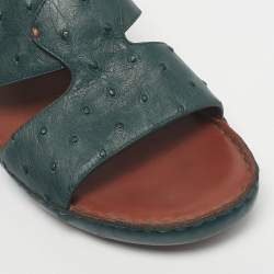 Pre Owned Loro Piana Green Ostrich Leather Slip On Sandals Size 42
