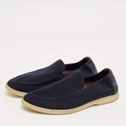 Pre Owned Loro Piana Navy Blue Knit Fabric and Suede Summer Walk Slip On Loafers Size 42