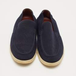 Pre Owned Loro Piana Navy Blue Knit Fabric and Suede Summer Walk Slip On Loafers Size 42