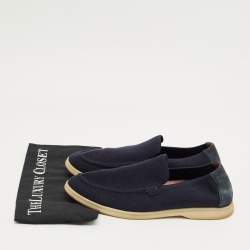 Pre Owned Loro Piana Navy Blue Knit Fabric and Suede Summer Walk Slip On Loafers Size 42