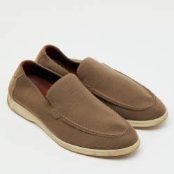 Pre Owned Loro Piana Khaki Brown Knit Fabric and Suede Open Walk Slip On Loafers Size 42
