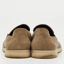 Pre Owned Loro Piana Khaki Brown Knit Fabric and Suede Open Walk Slip On Loafers Size 42