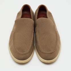 Pre Owned Loro Piana Khaki Brown Knit Fabric and Suede Open Walk Slip On Loafers Size 42
